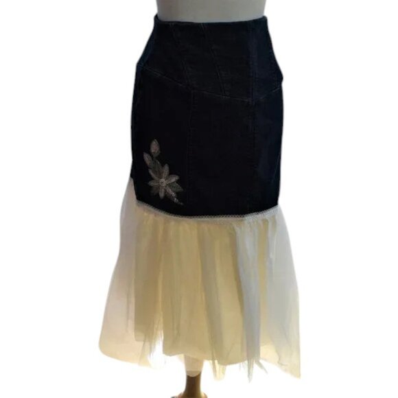 Vintage Upcycle Blue Jean & Tulle Ruffle Skirt Sequin Flower Embellished - Picture 3 of 7